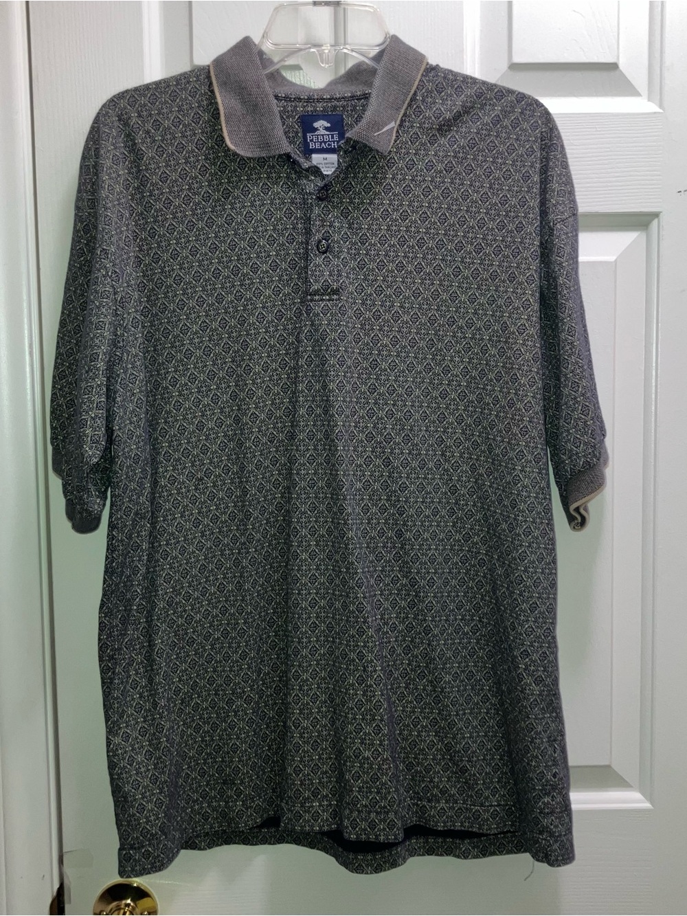 PEBBLE BEACH Men’s Golf Polo Shirt Beige Gray Geometric Patterned Size M